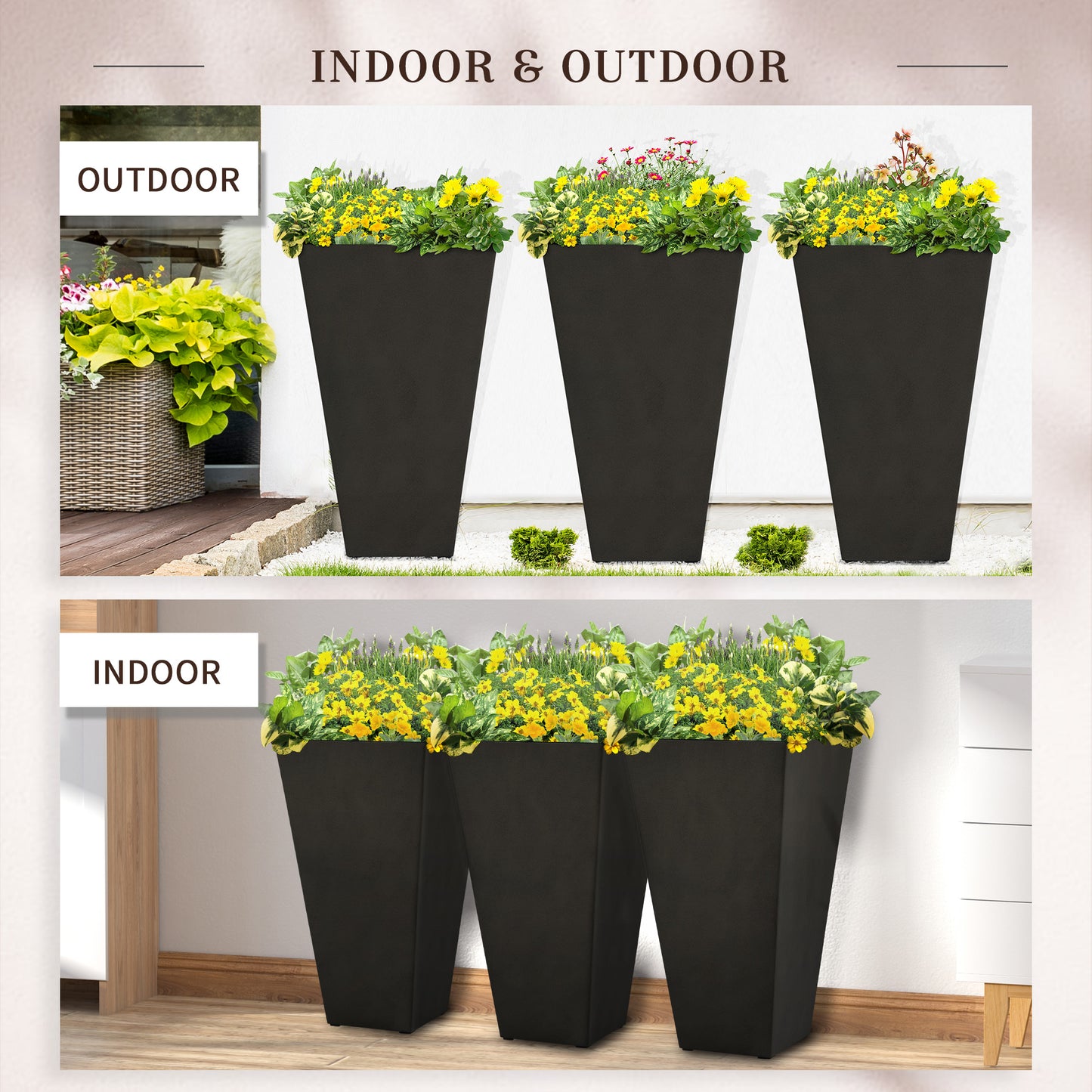 Outsunny Set of 3 Tall Planters with Drainage Hole, 28" Outdoor Flower Pots, Indoor Planters for Porch Patio and Deck, Black