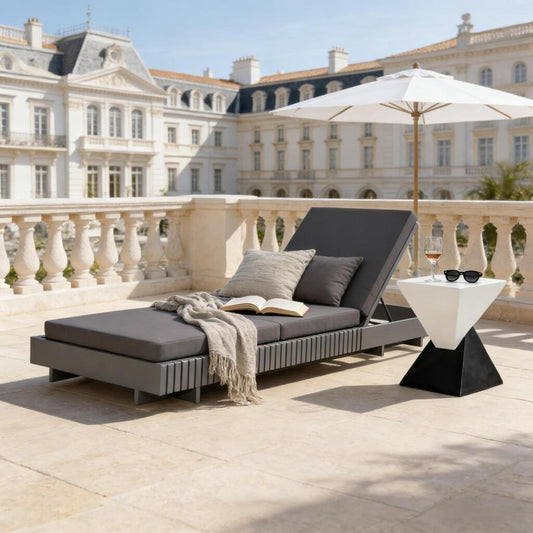 Dark Grey Acacia Solid Wood Outdoor Chaise Lounge with  Dark Grey 3-Fold Water-Repellent Cushion, 400lbs Capacity,  Modern Patio Sun Lounger for Garden, Poolside