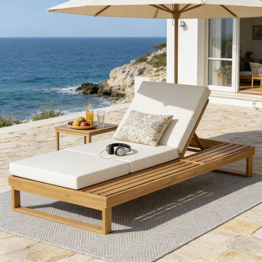 Teak Finish Acacia Wood Chaise Lounge with 4-Inch Cream 3-Fold Water-Resistant Cushion Set, 4-Position Adjustable Outdoor Patio Lounger with Flat Side Surface, for Poolside-Matching dark grey version