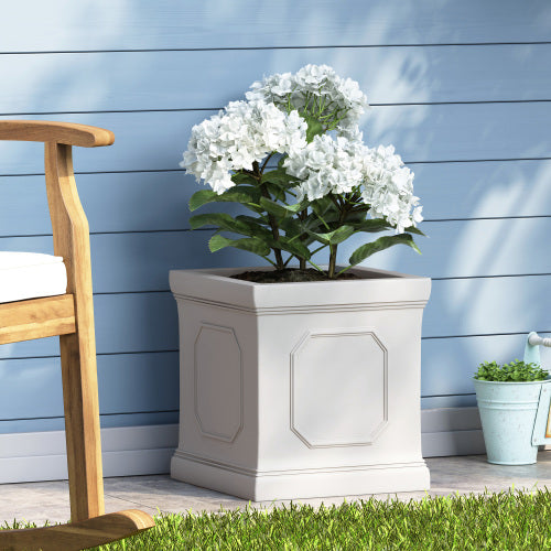 13.75 in. Antique White Lightweight Concrete MgO Floor Planter, Faux-Stone Appearance for Flowers, Herbs and Vegetables