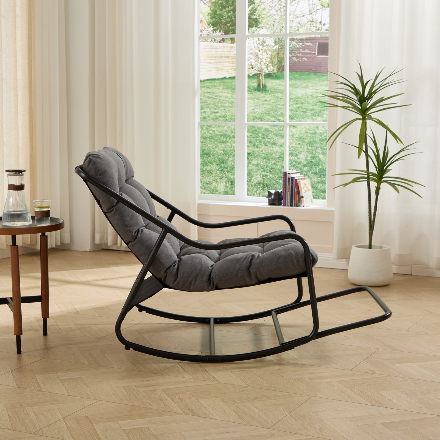 Outdoor Rocking Chair, Comfy Cushion, with Soft Thick Cushion,for Living Room, Bedroom, Reading Room, Black Frame with Grey Cushion