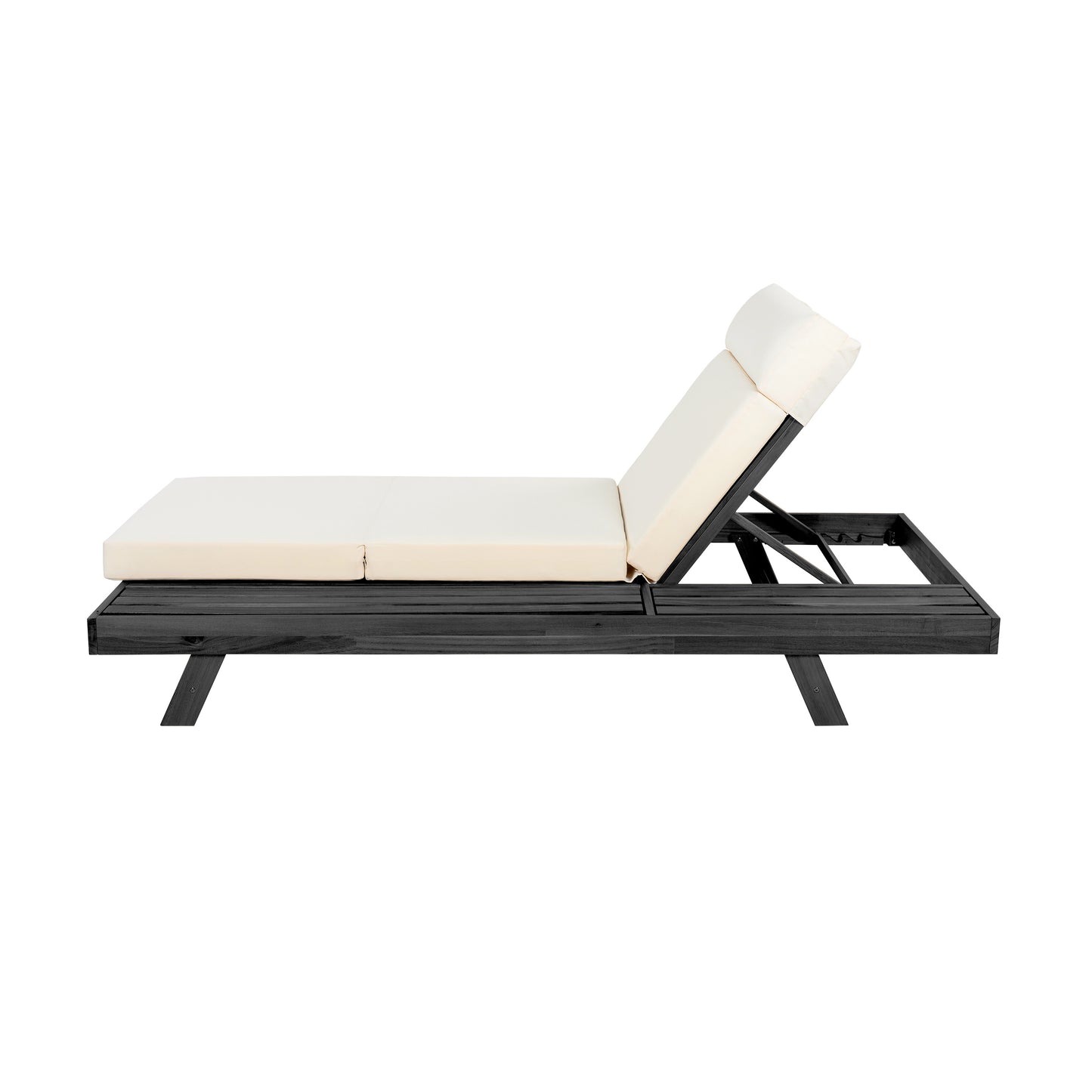 Lounge Chaise Set With Headrest, Space Available On One Side, Acacia Wood In Black With Water-Resistant Lounge Cushions (Beige & 3-Fold & 4 Inch) – Matching Dark Grey/Cream Version Available