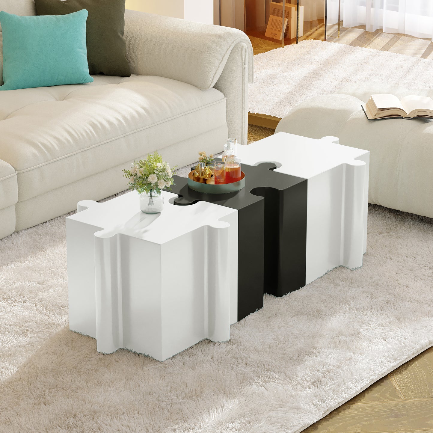 Puzzle Art Side Table, Modular Convex Edge MGO Table - Buy Singles or Combine for Custom Layouts,  Indoor & Outdoor,White Color
