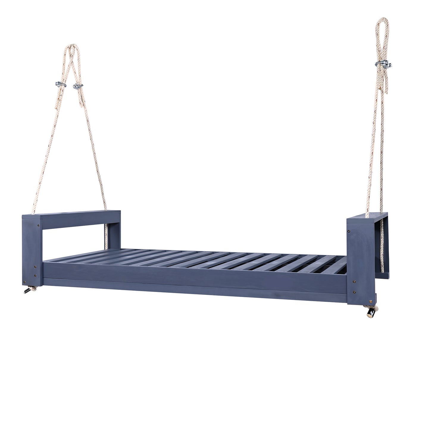 TOPMAX Twin Size Porch Swing Bed Seating Group, Patio Acacia Wood Swing Frame with Hemp Ropes for Garden, Backyard, Gray
