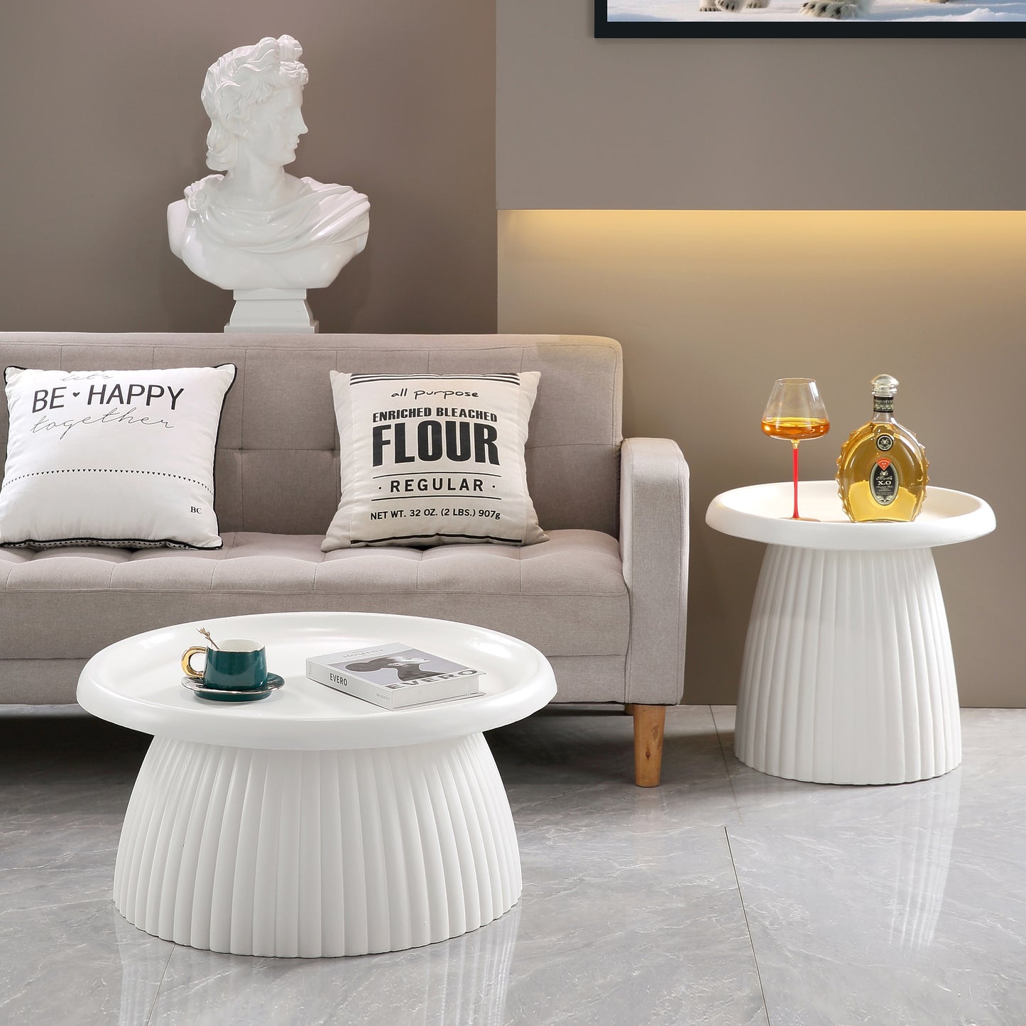White Magnesium Oxide Fluted Pedestal Coffee Table   27.56" Diameter Round Center Table