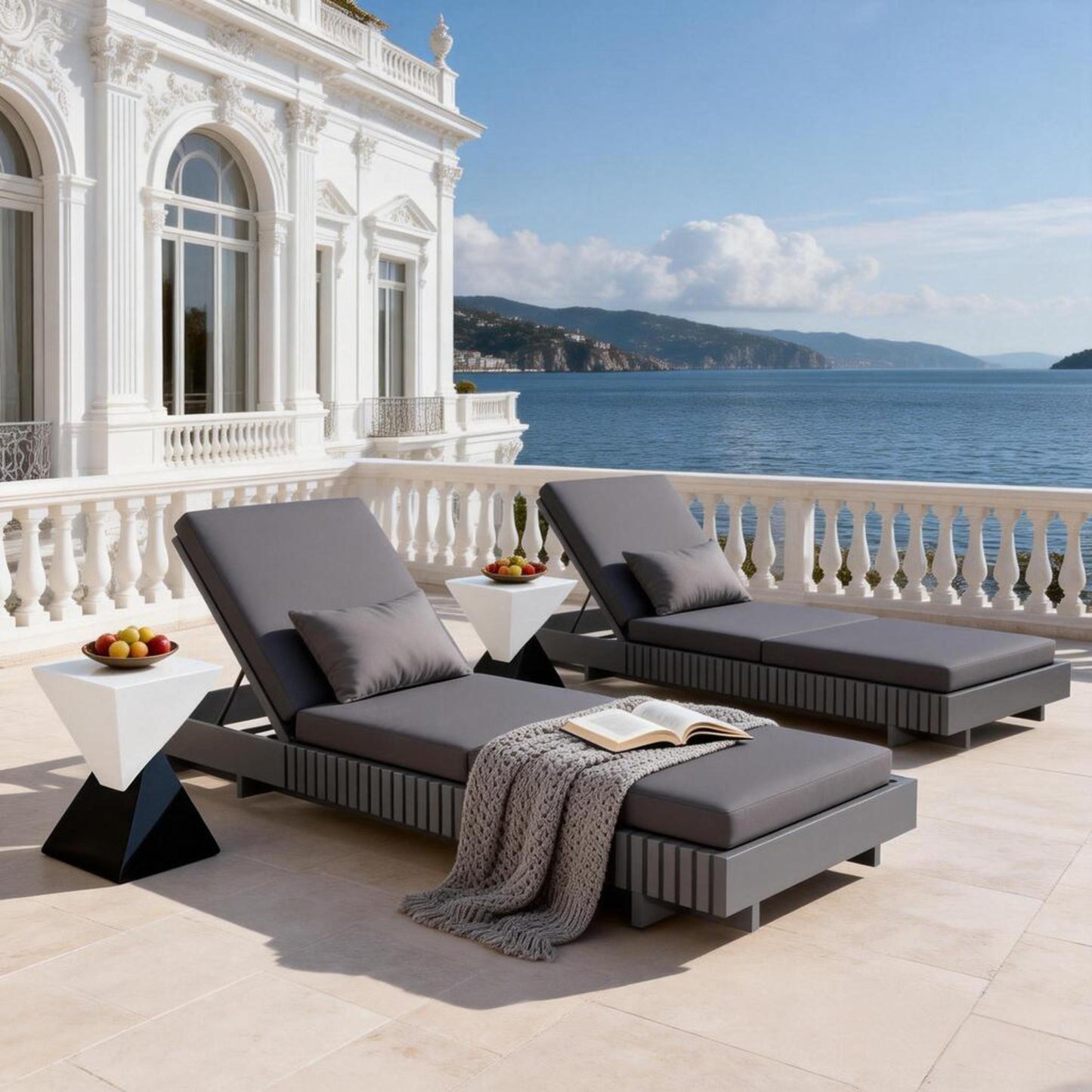 Dark Grey Acacia Solid Wood Outdoor Chaise Lounge with  Dark Grey 3-Fold Water-Repellent Cushion, 400lbs Capacity,  Modern Patio Sun Lounger for Garden, Poolside