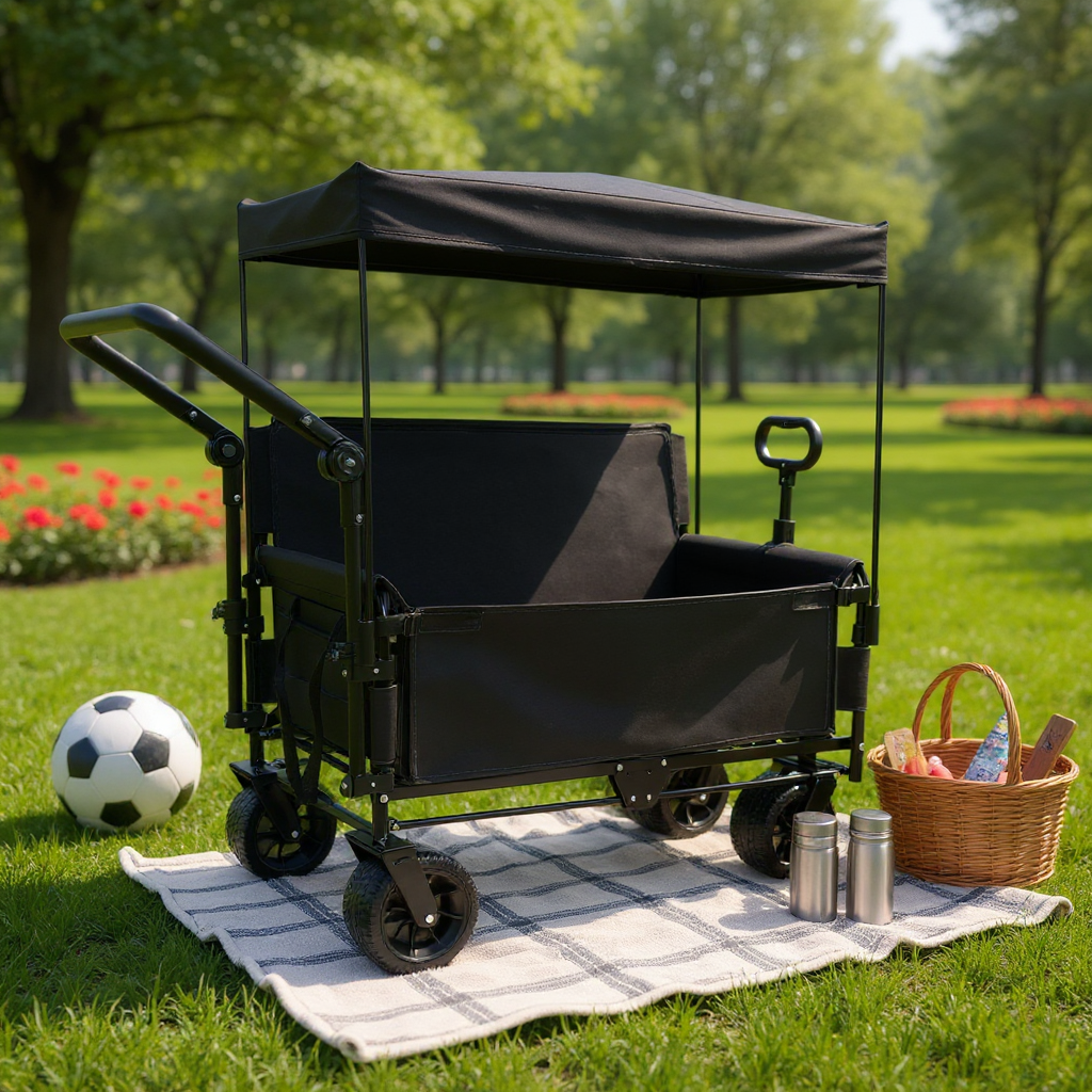 3-in-1 Folding Wagon Cart with Bench Seat & Canopy & Storage, 500lbs Heavy-Duty, 180L Capacity, All-Terrain Wagon for Camping, Beach, Sports, & Garden, Black