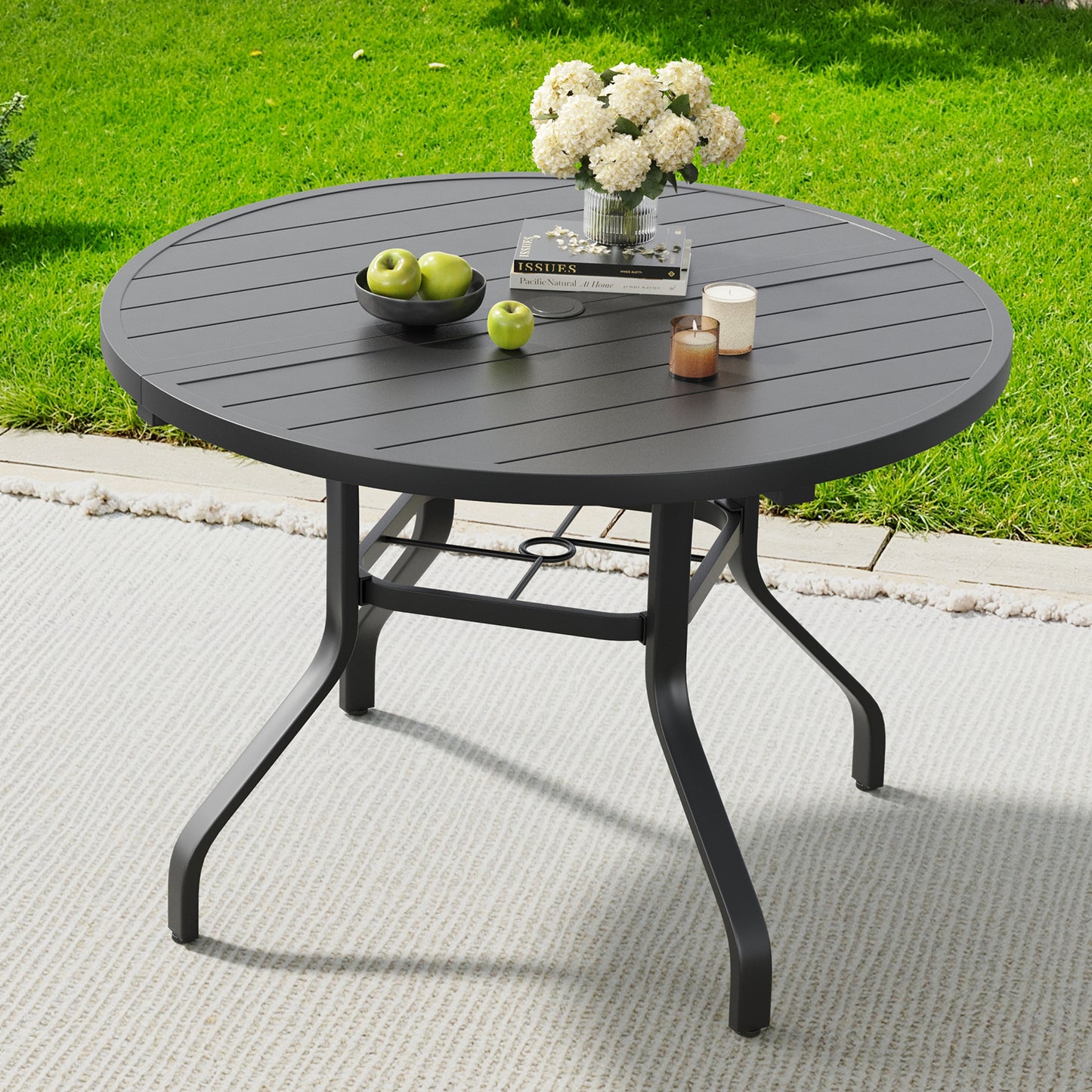 Round Outdoor Dining Table, 41" Round Patio Table Wood-Like Grain with 1.57" Umbrella Hole, Metal Outdoor Dining Tables for Backyard and Poolside