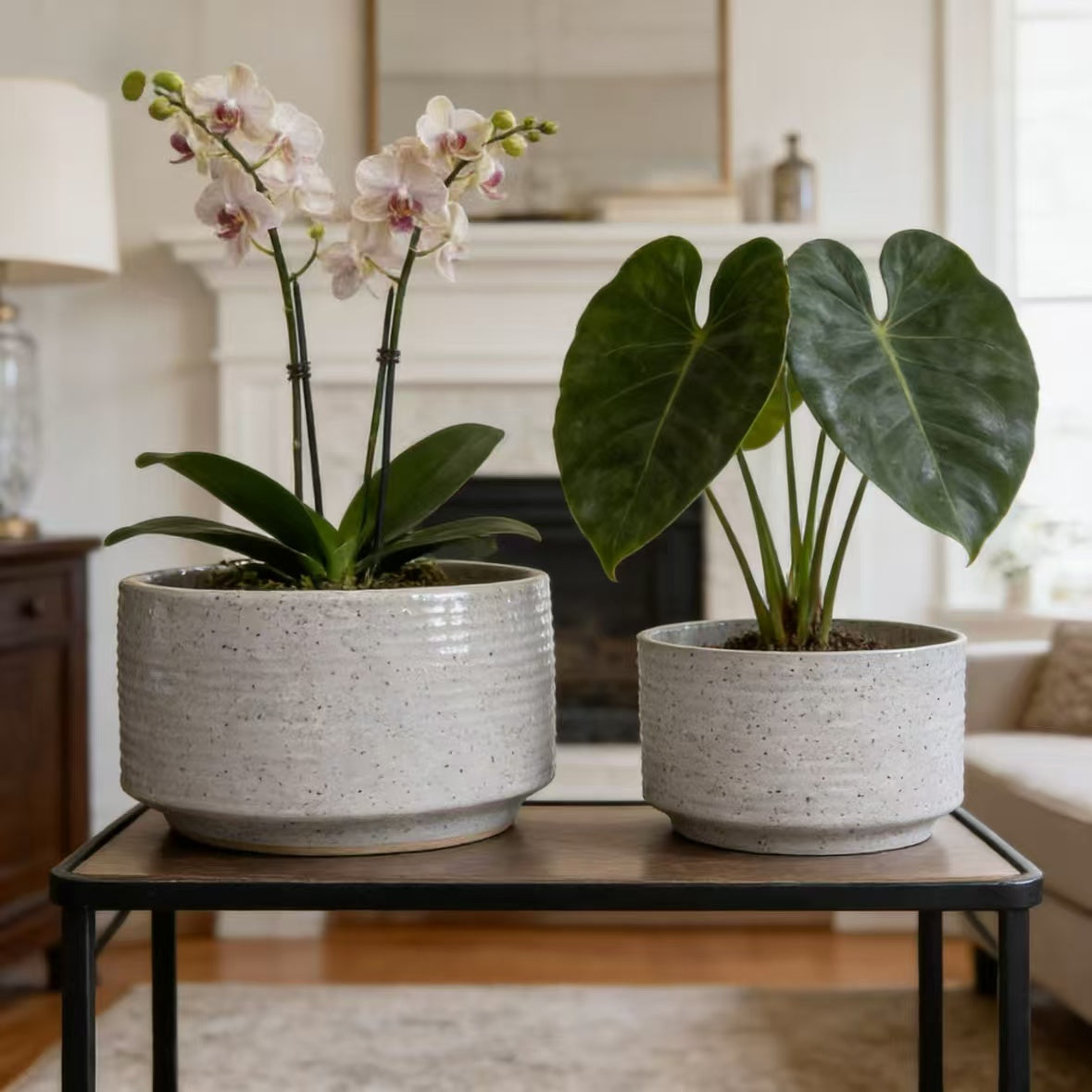 Handmade Ceramic Planter Set of 2, 11" & 8" Diameter, White with Vertical Ridges, for Aquatic Plants Indoor/Outdoor Shelf & Table Use, Breathable Non-Porous Clay