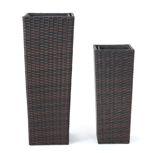2-Piece Rattan Flower Pot Set-Brown Polyethylene Wicker with Metal Frame, Indoor/Outdoor Planters