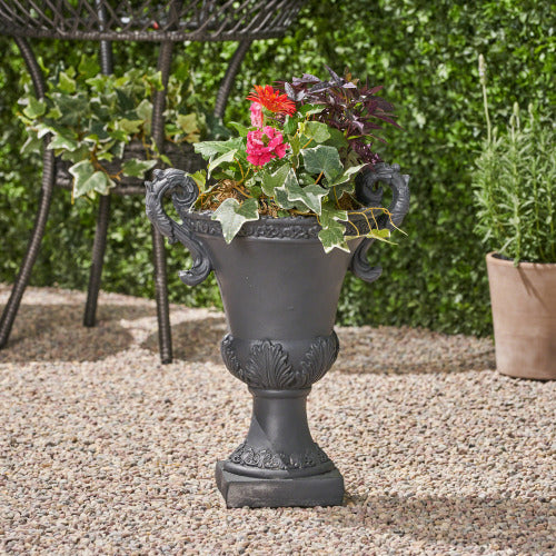 15 in. W x 19 in. H Large Concrete Urn Planter With Drainage Hole, Black
