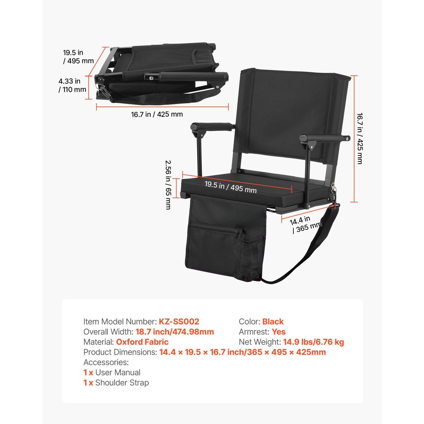 Stadium Seat, Portable Bleacher Seat with Armrest, Back Support and Thick Cushion, Bench Chair for Bleacher Includes Shoulder Strap, Hooks, Cup Holder, Black Football Bleachers Seats, 2PCS
