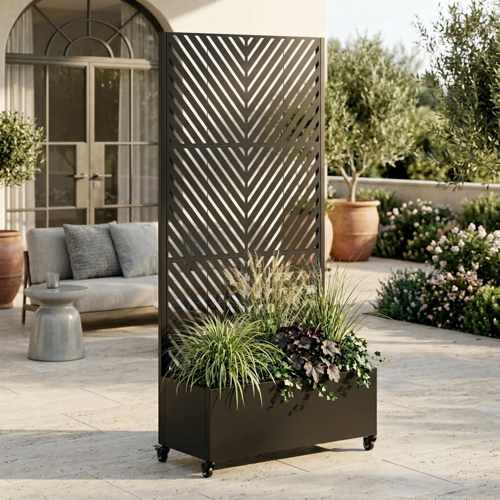 Metal Planter Box with Trellis,  73"x35"x16 Metal Raised Garden Bed with Trellis, Metal Planter Box with Drainage Holes & Lockable Wheels & Privacy Screen for Climbing Plants, Vegetables, Vines