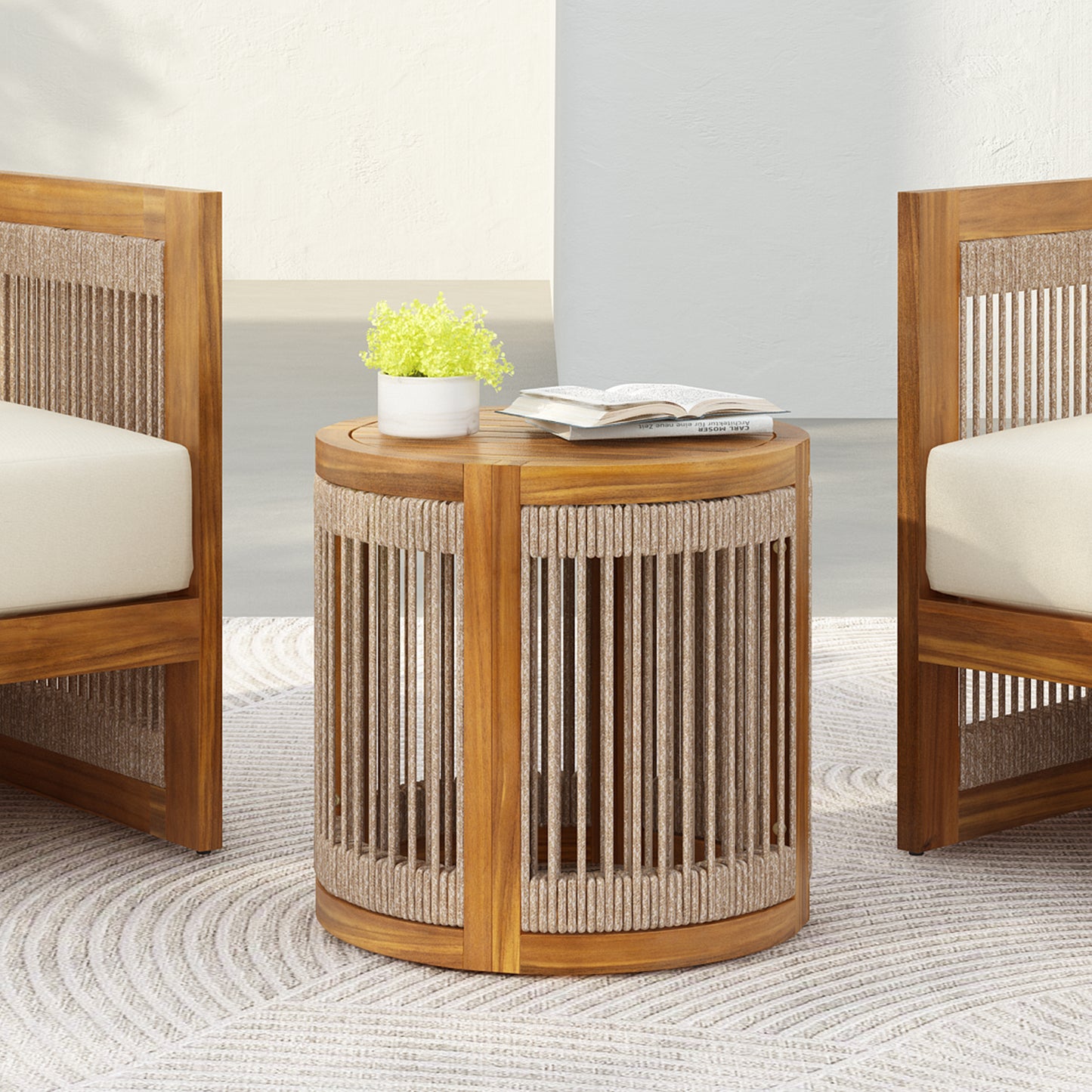 16.9" Acacia Wood Outdoor Side Table - Handwoven Rope Accent Boho Patio Table with All-Weather Durability