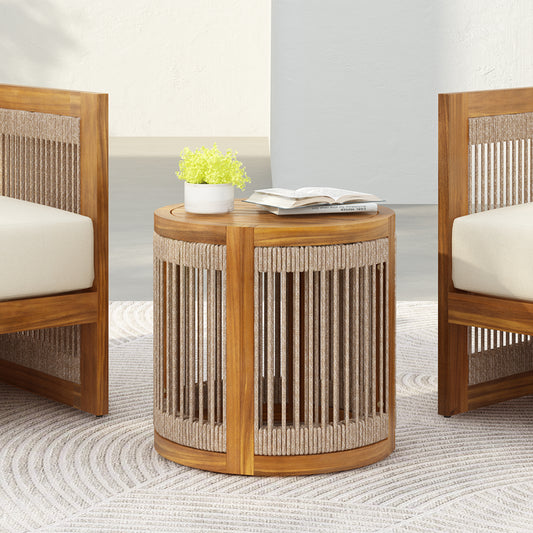 16.9" Acacia Wood Outdoor Side Table - Handwoven Rope Accent Boho Patio Table with All-Weather Durability
