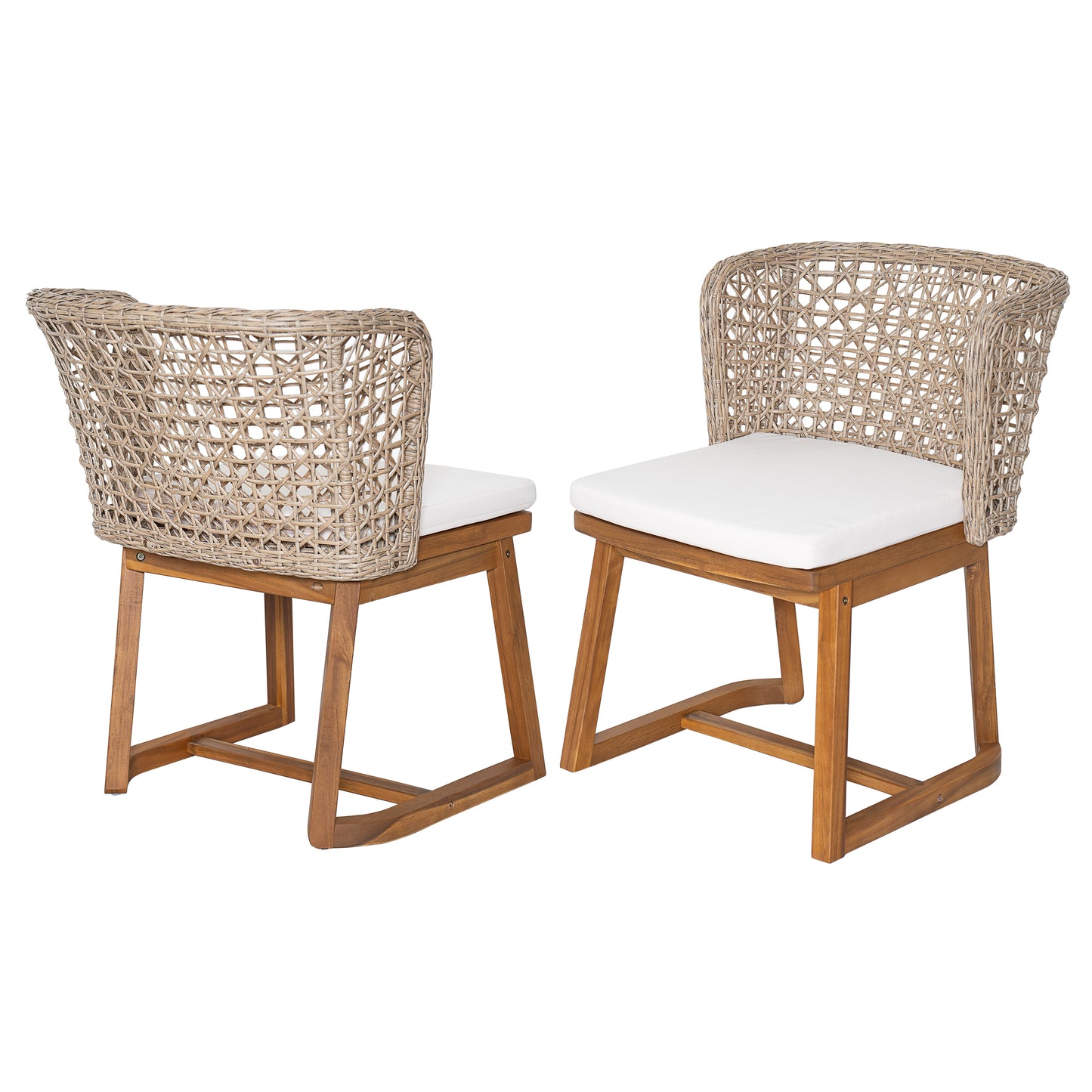 Outdoor Acacia Wood Dining Chairs (Set of 2), Teak Finish Patio Chairs with Beige Cushion & Multi Light Brown Wicker Back, Weather Resistant Side Chairs for Garden, Backyard, Patio
