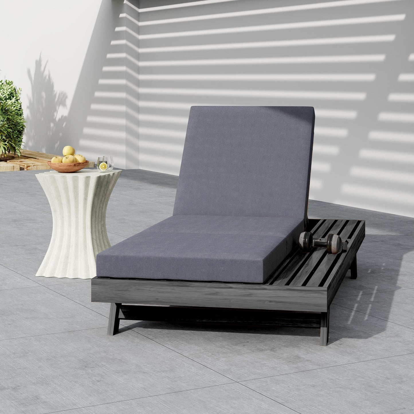 Lounge Chaise Set, Space Available On One Side, Acacia Solid Wood In Black With Lounge Cushion (Dark Grey & Triple Fold) – Matching Cream Version Available