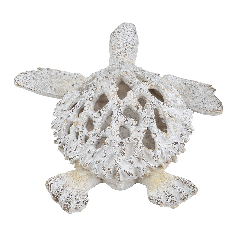 13.2x12.2x3.9" Decorative Polyresin Turtle Statue with White Coral Reef Design