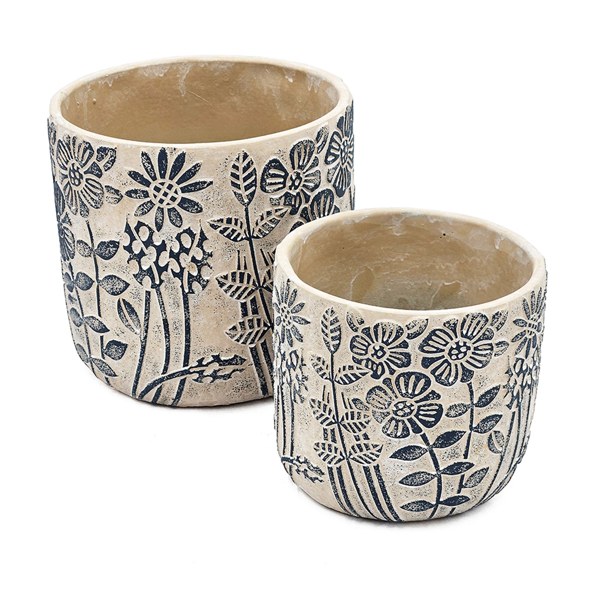 S/2 Gray Sand and Cement Planters with Blue Floral Motif, L:D7x6.7" S:D5.5x5"