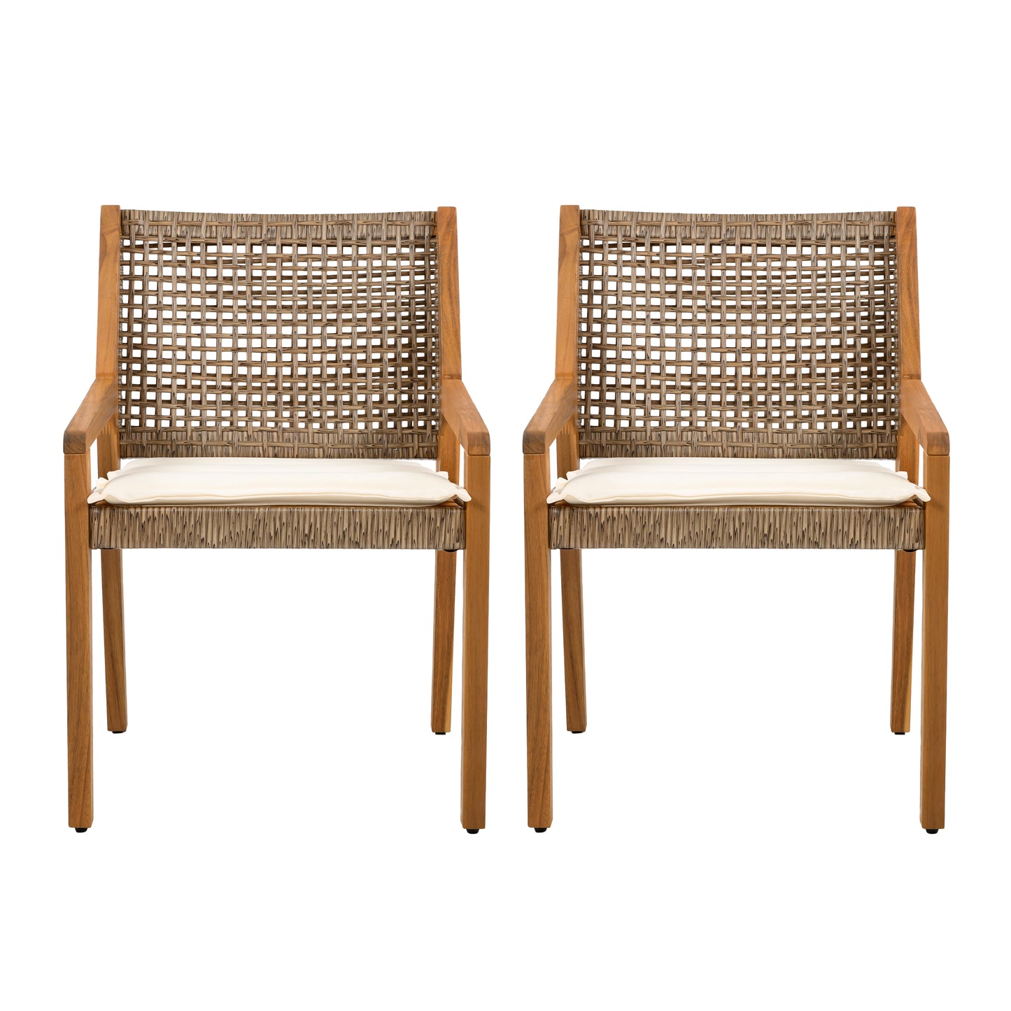 OUTDOOR DINING CHAIR -Acacia Wood & Wicker with Cream Cushion Patio Furniture-Teak finish & wicke Brown -MP2(set of 2)