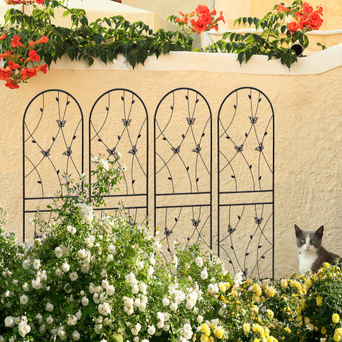 71in. Outdoor Garden Butterfly Decorative Black Metal Climbing Plant Flower Trellis, 4 Pieces