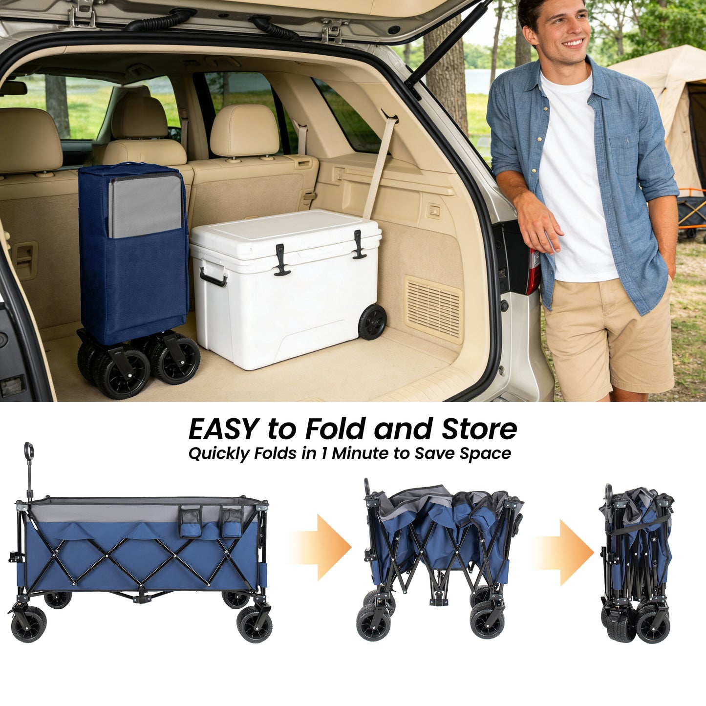 51-inch Extended Heavy-Duty Foldable Utility Wagon, 480lbs, Patented Ultra-Stable Frame, 1:6 Space-Saving Fold, Portable and Collapsible for Beach, Sports, and Garden Use,Dark blue-Gray