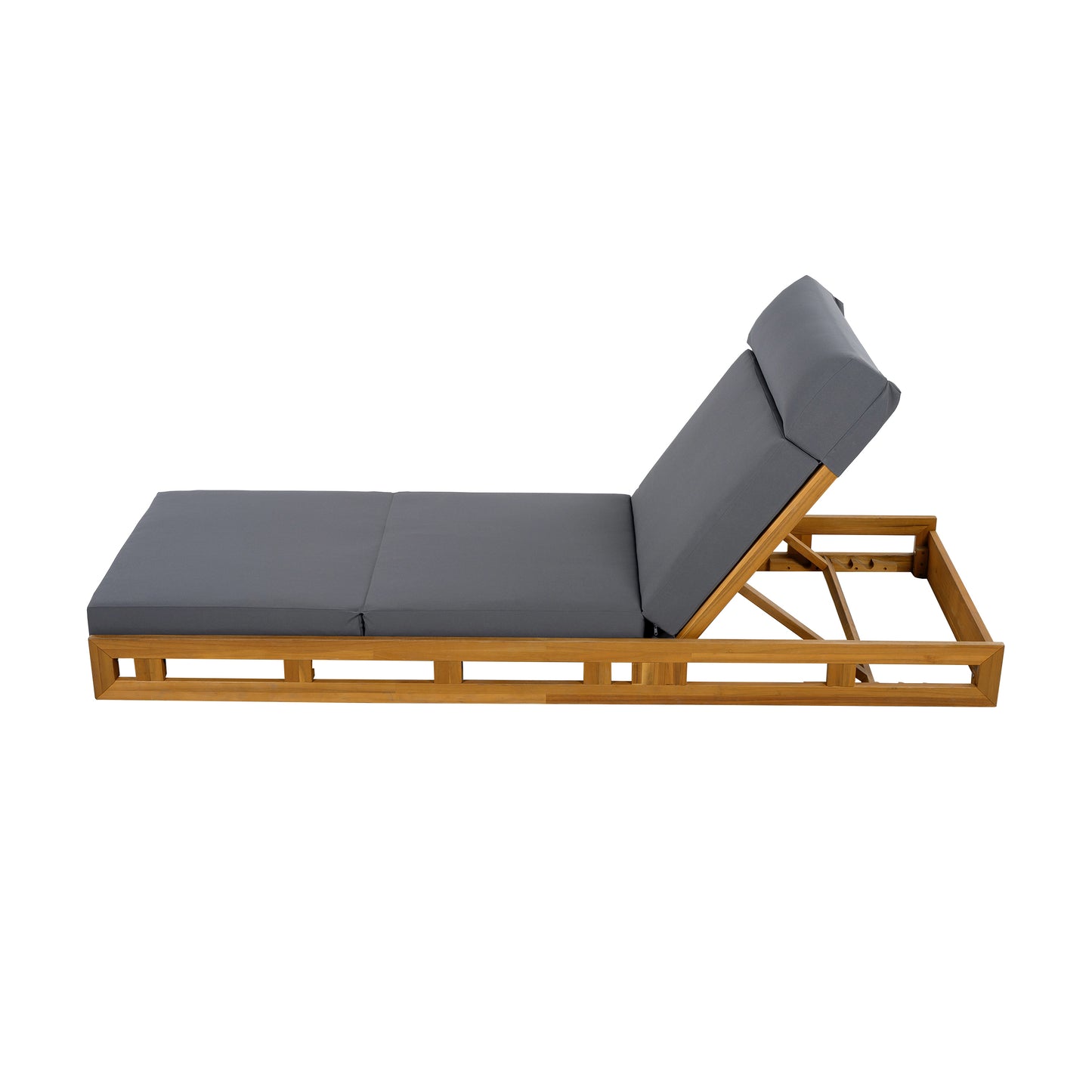LOUNGE CHAISE SET WITH HEADREST, ACACIA WOOD WITH WATER-RESISTANT LOUNGE CUSHIONS (DARK GREY & 3-FOLD & 4 inch) - MATCHING CREAM/BEIGE VERSION AVAILABLE