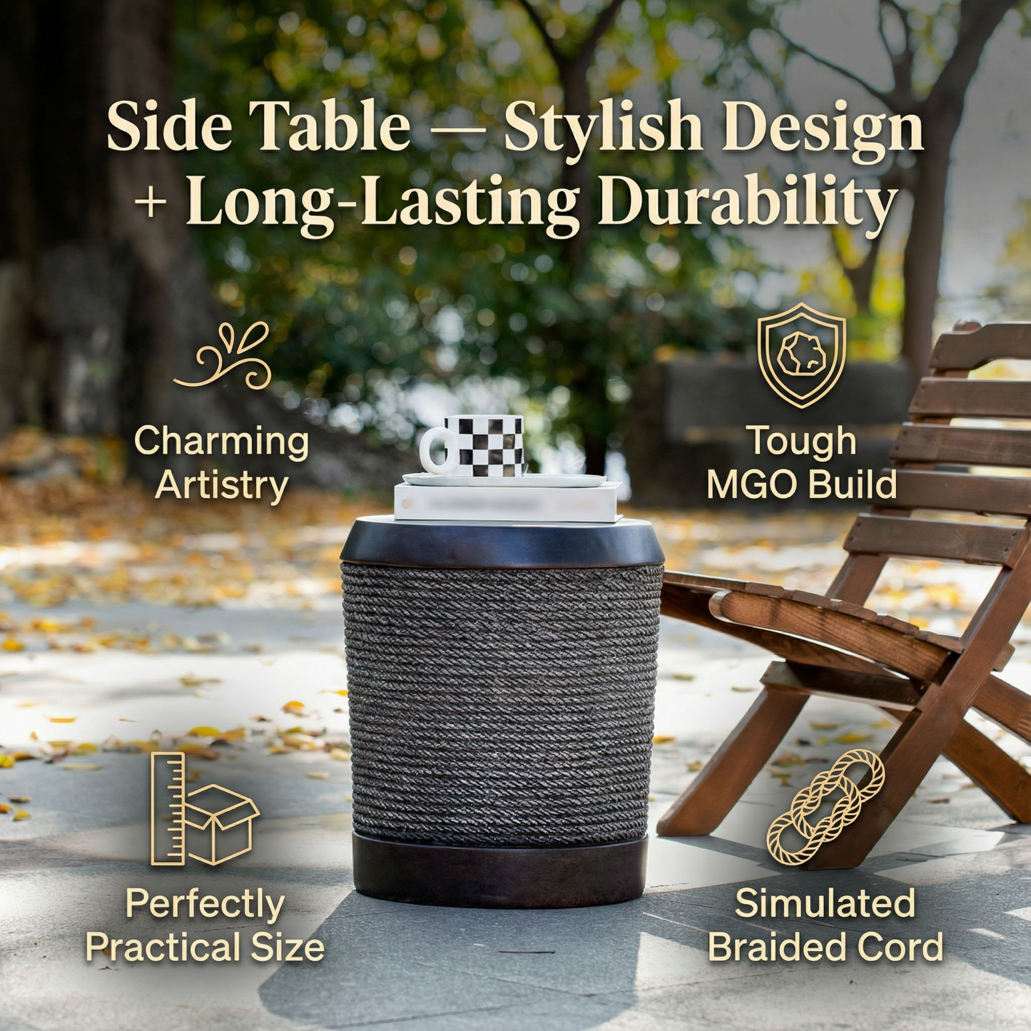 Outdoor Dark Brown Simulated Braided Cord MGO Side Table with Vintage Trim – Indoor Retro Cylindrical End Table for Home & Patio Decor