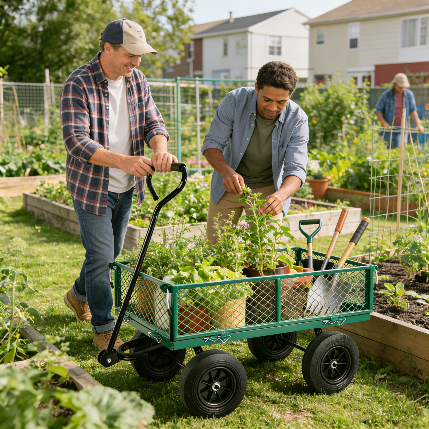 (Green solid wheels wagon cart) Solid wheels Tools cart Wagon Cart Garden cart trucks  make it easier to transport firewood