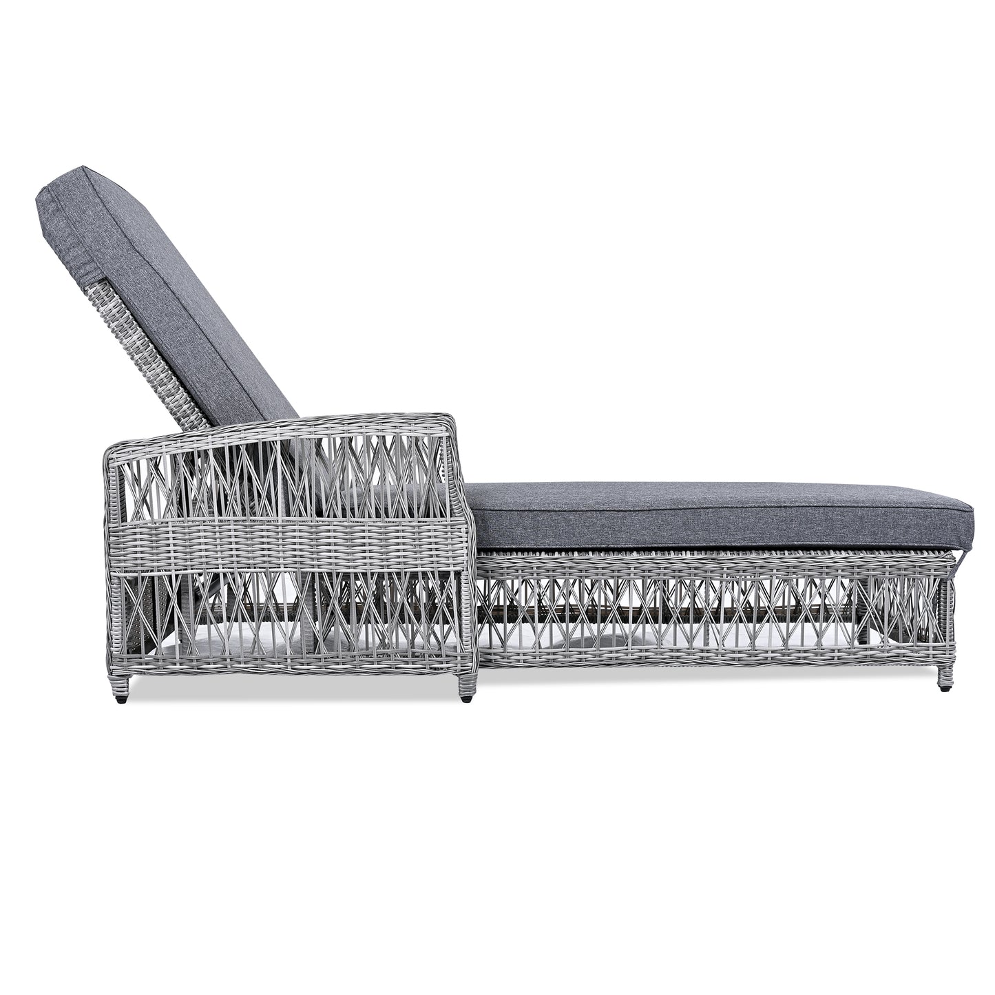GO Outdoor Long Reclining Chaise, Wicker Lounge with Armrests, Patio Adjustable Recliner with Soft Removable Cushions, All Weather Rattan Pool Lounge for Poolside & Garden, Gray