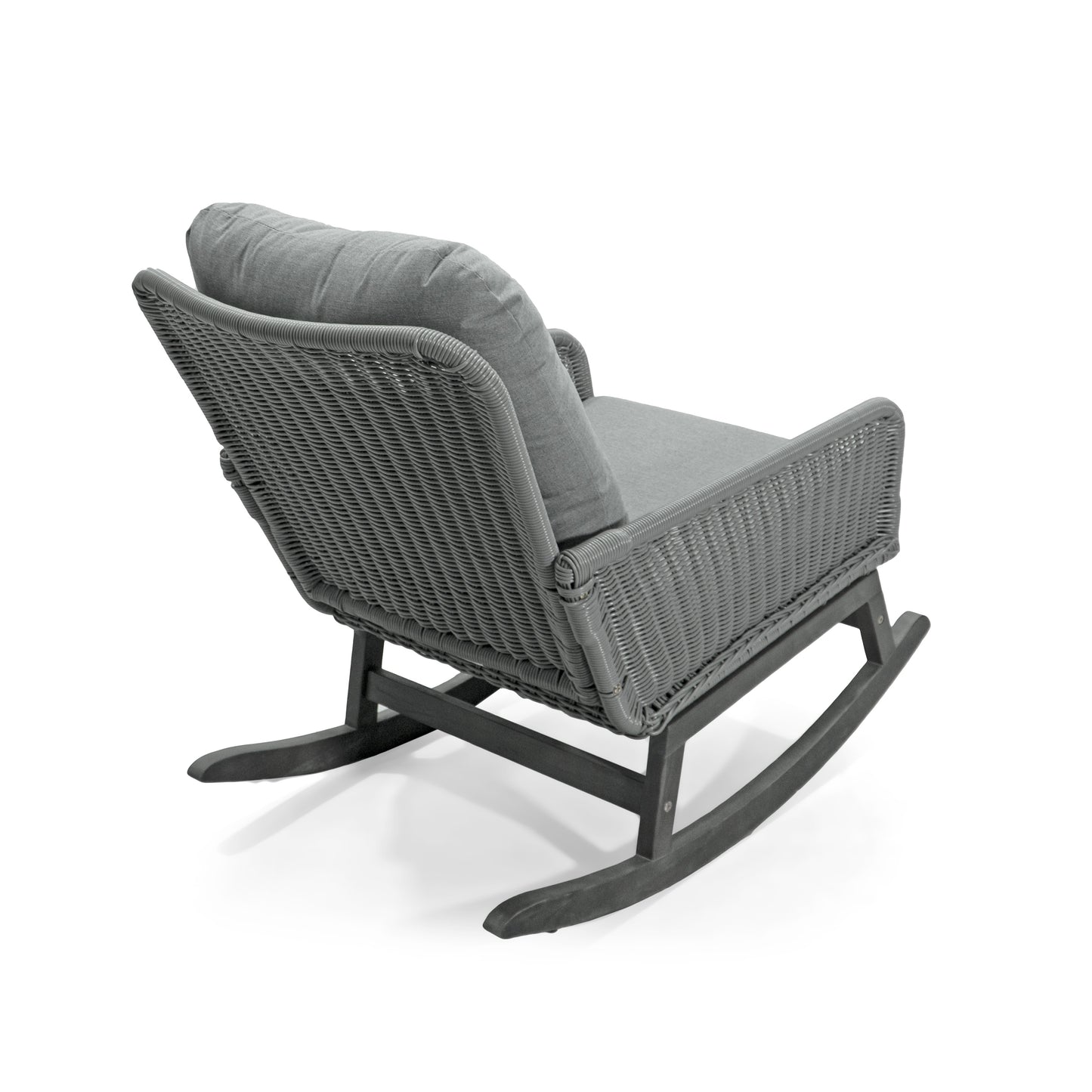 Contemporary Minimalist Gray Wicker Rocking Chair with Soft Polyester Cushions and Durable Wooden Frame, Perfect for Indoor and Outdoor Spaces like Patio, Balcony, or Living Room