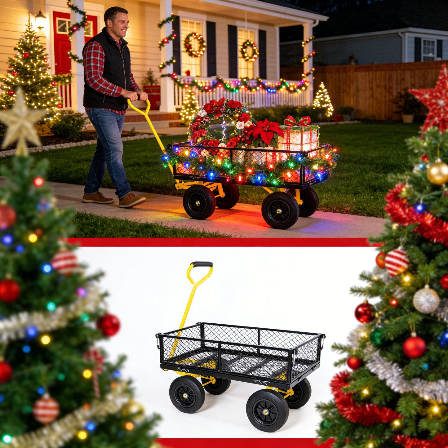 (Black +Yellow solid wheels wagon cart)Solid wheels Tools cart Wagon Cart Garden cart trucks make it easier to transport firewood