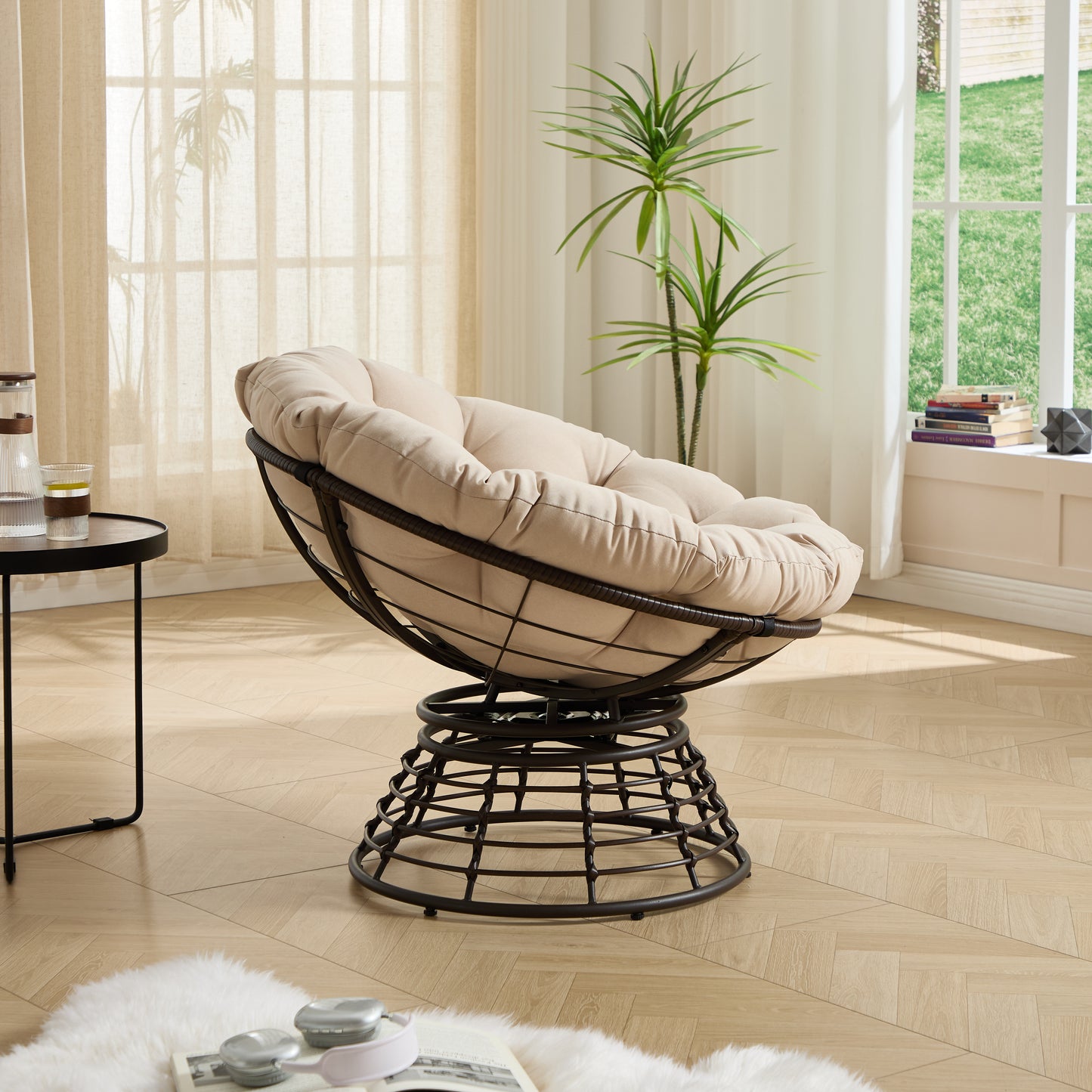 Comfortable Ergonomic Wicker Papasan Chair, 360° Swivel Indoor Outdoor Rattan Chair with Soft Thick Cushion, Ideal for Living Room, Bedroom, Reading Room, Brown Frame with Beige Cushion