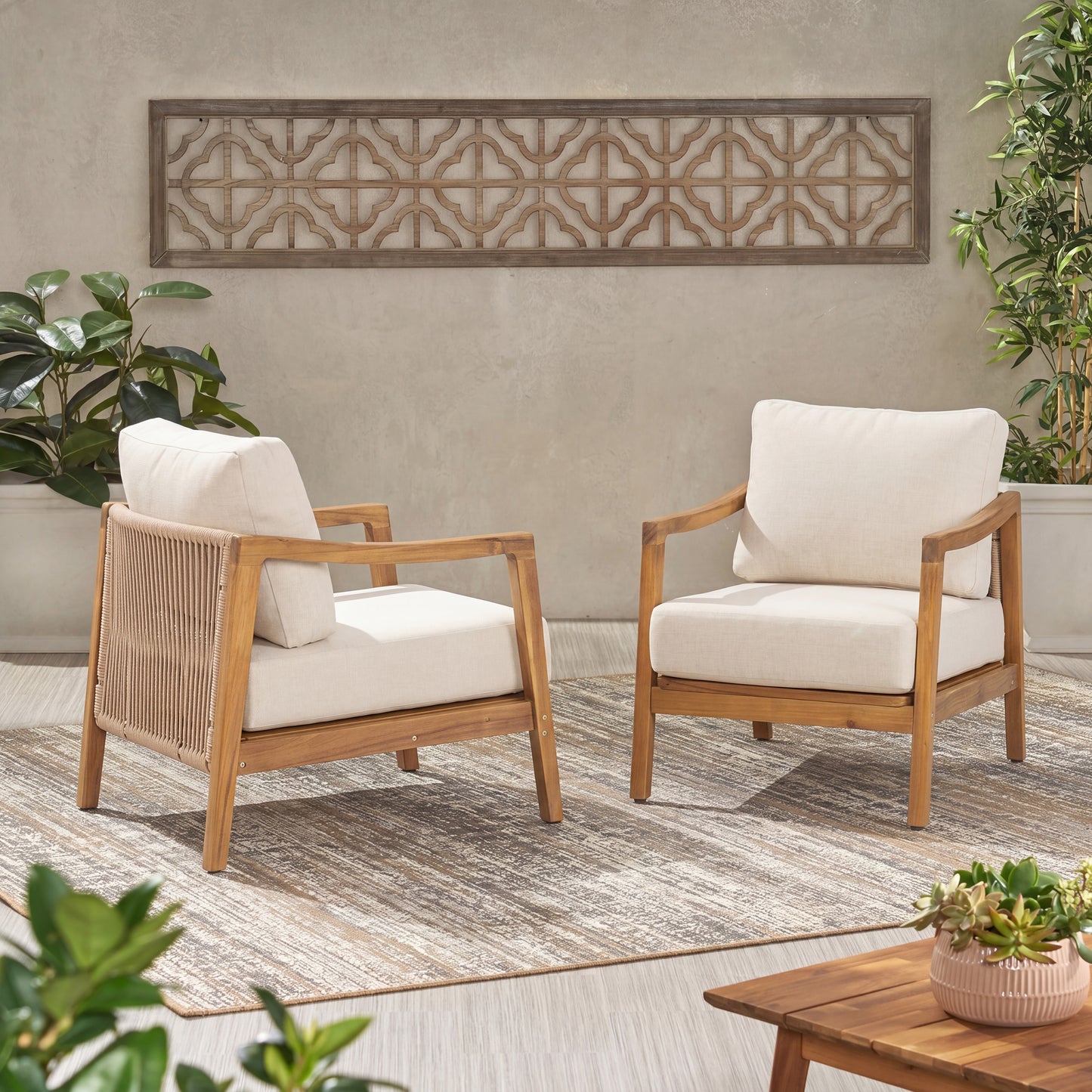 Outdoor Club Chair , Acacia Wood Frame with Rope Back Detail, Water-Repellent Beige Cushions for Patio/Backyard/Deck