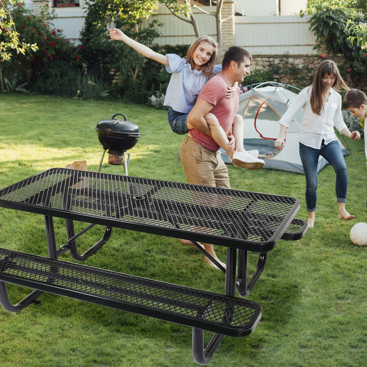 6 ft. Rectangular Outdoor Steel Picnic Table with umbrella pole in Black