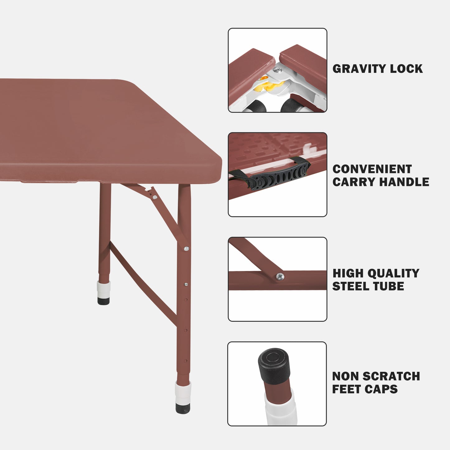 4ft Brown Portable Folding Table Indoor&Outdoor Maximum Weight 135KG Foldable Table for Camping
