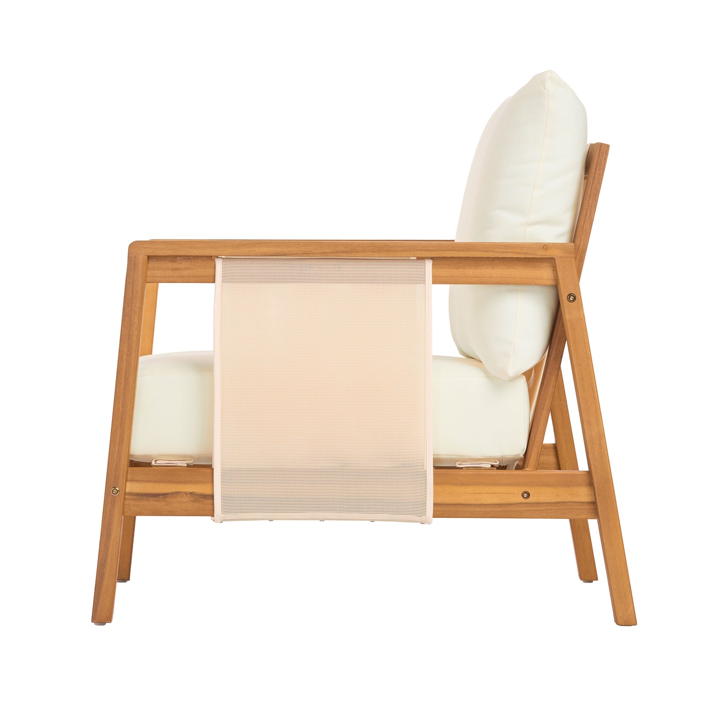 Outdoor Club Chair, Acacia Wood Frame with Brown Textilene Accents, Water-Repellent Beige Cushions for Patio/Backyard/Deck