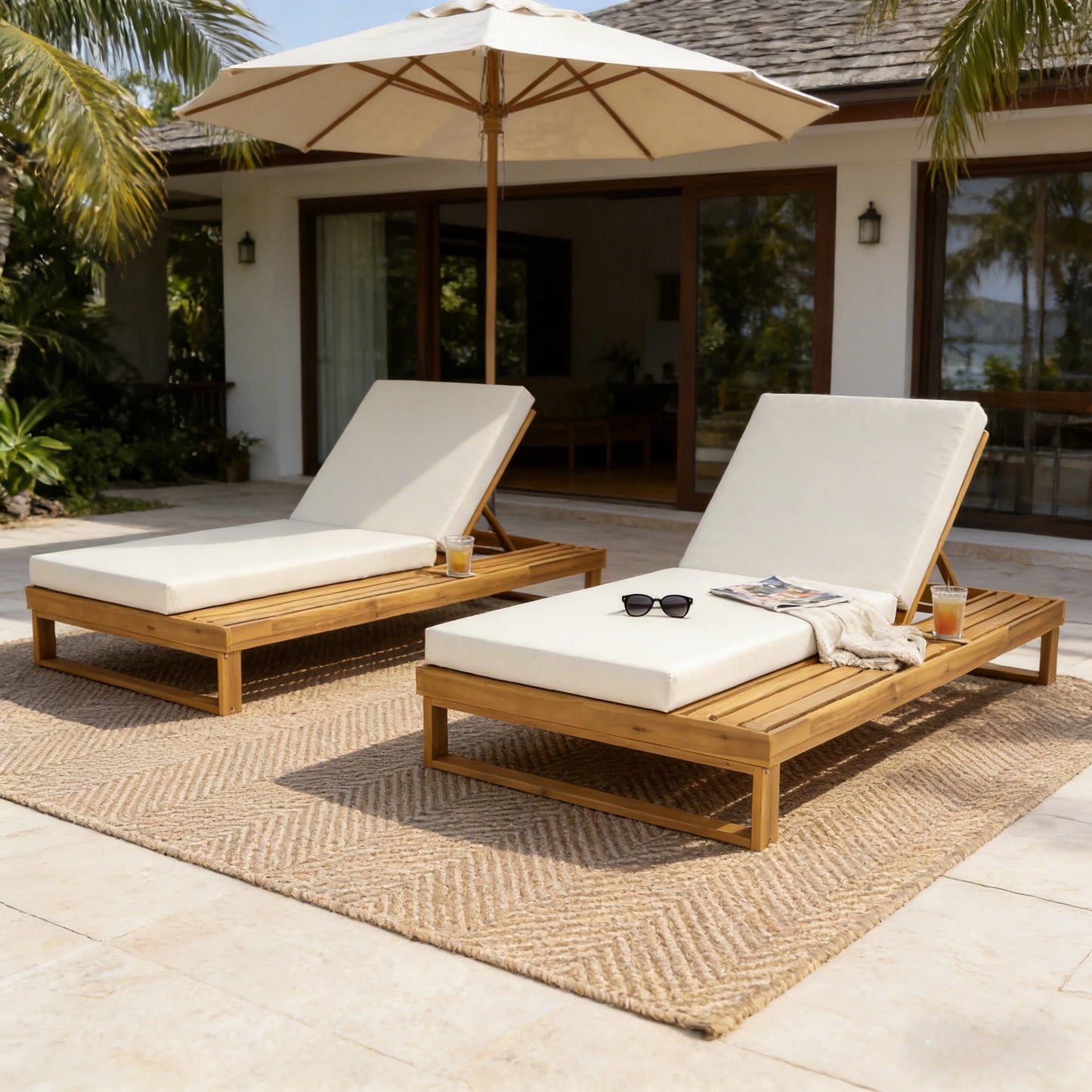 Teak Finish Acacia Wood Chaise Lounge with 4-Inch Cream 2-Fold Cushion Set, 4-Position Adjustable Outdoor Patio Lounger with Flat Side Surface, for Poolside - Matching dark grey version available