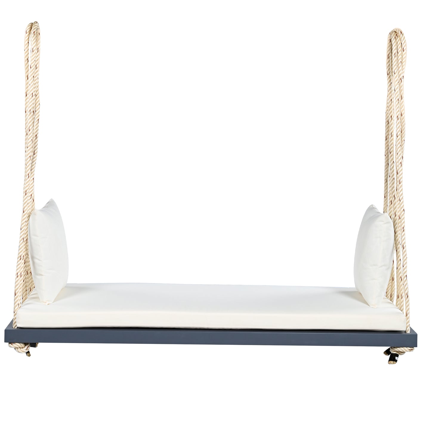 TOPMAX Patio Wooden Swing Chair, Hanging Porch Swing Bench with Cushion&Pillows, 10.8Ft Hemp Ropes for Garden,Backyard, Lawn,Gray