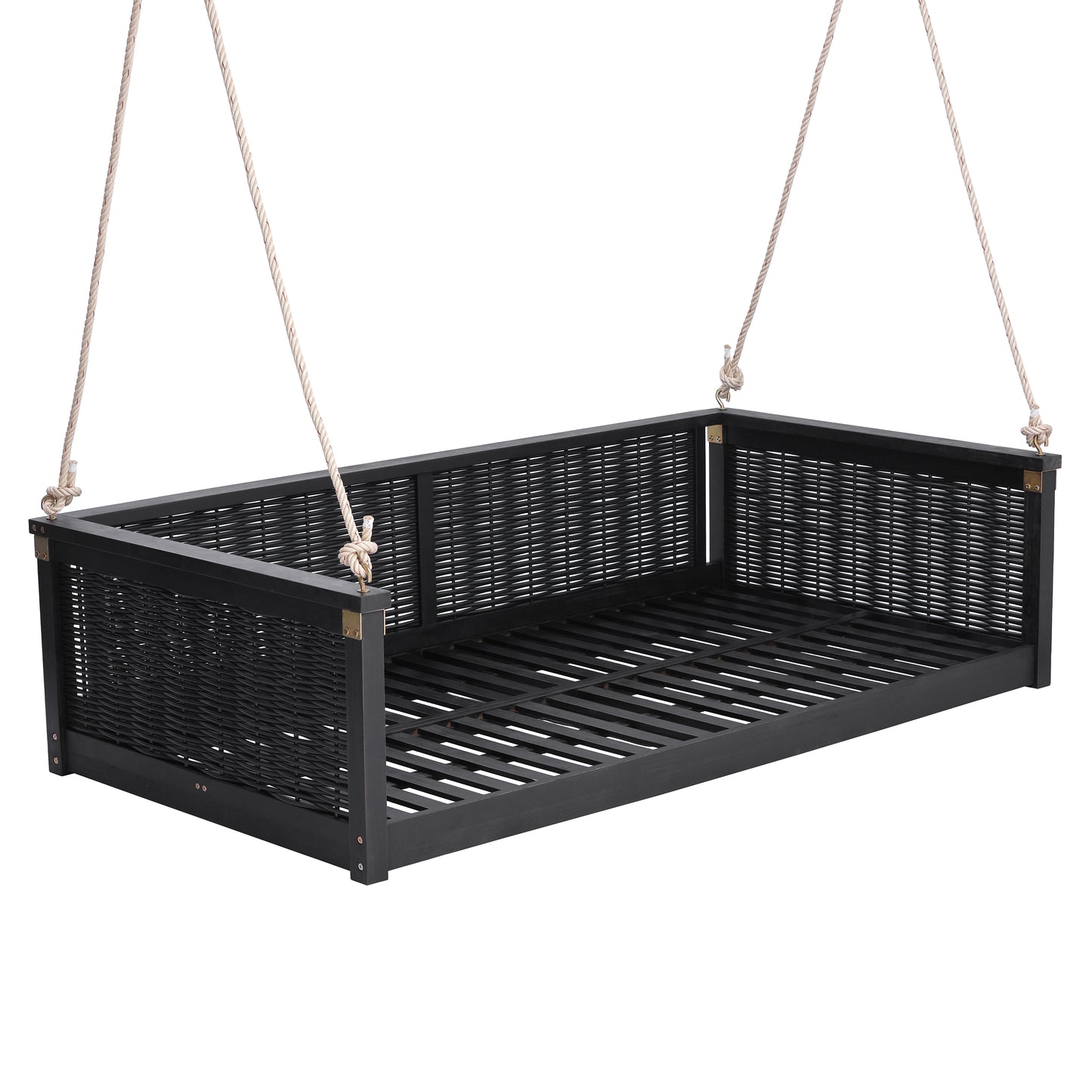 TOPMAX Outdoor Classic Solid Wood Twin Size Swing Bed,Garden Porch Rattan Swing Frame with Long Ropes for Poolside, Backyard, BLACK