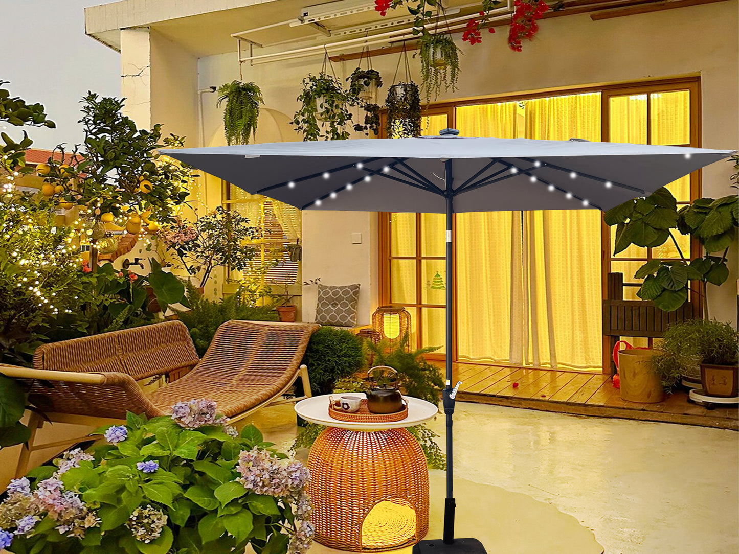 Square 2.5X2.5M Outdoor Patio Umbrella Solar Powered LED Lighted Sun Shade Market Waterproof 8 Ribs Umbrella with Crank and Cross Base for Garden Deck Backyard Pool Shade Outside Deck Swimming Pool