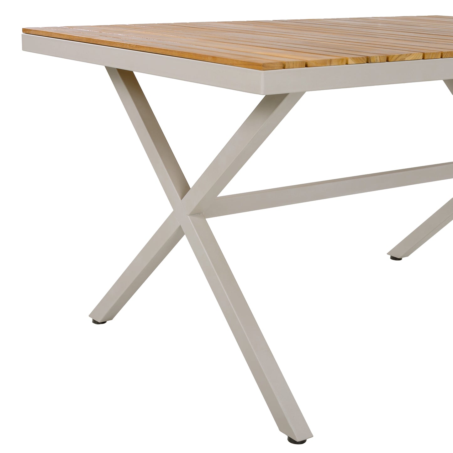 Teak Wood Top with Beige Steel Frame Outdoor Dining Table, 55.12" Rectangular Patio Table with X-Shaped Legs, Weather-Resistant for Backyard, Garden, Deck and Poolside
