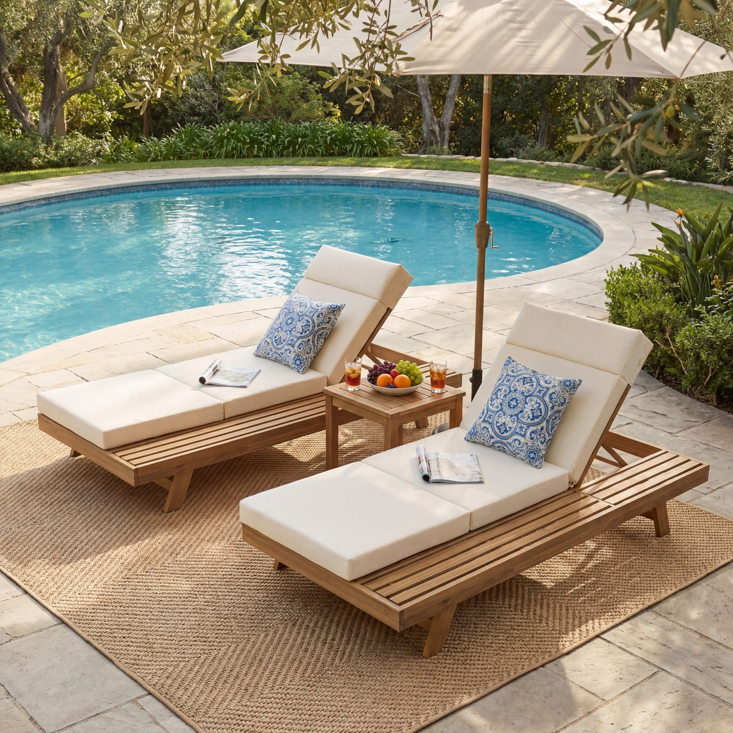 Lounge Chaise Set With Headrest, Space Available On One Side, Acacia Wood In light brown With Water-Resistant Lounge Cushions (Beige & 3-Fold & 4 Inch) – Matching Dark Grey/Cream Version Available