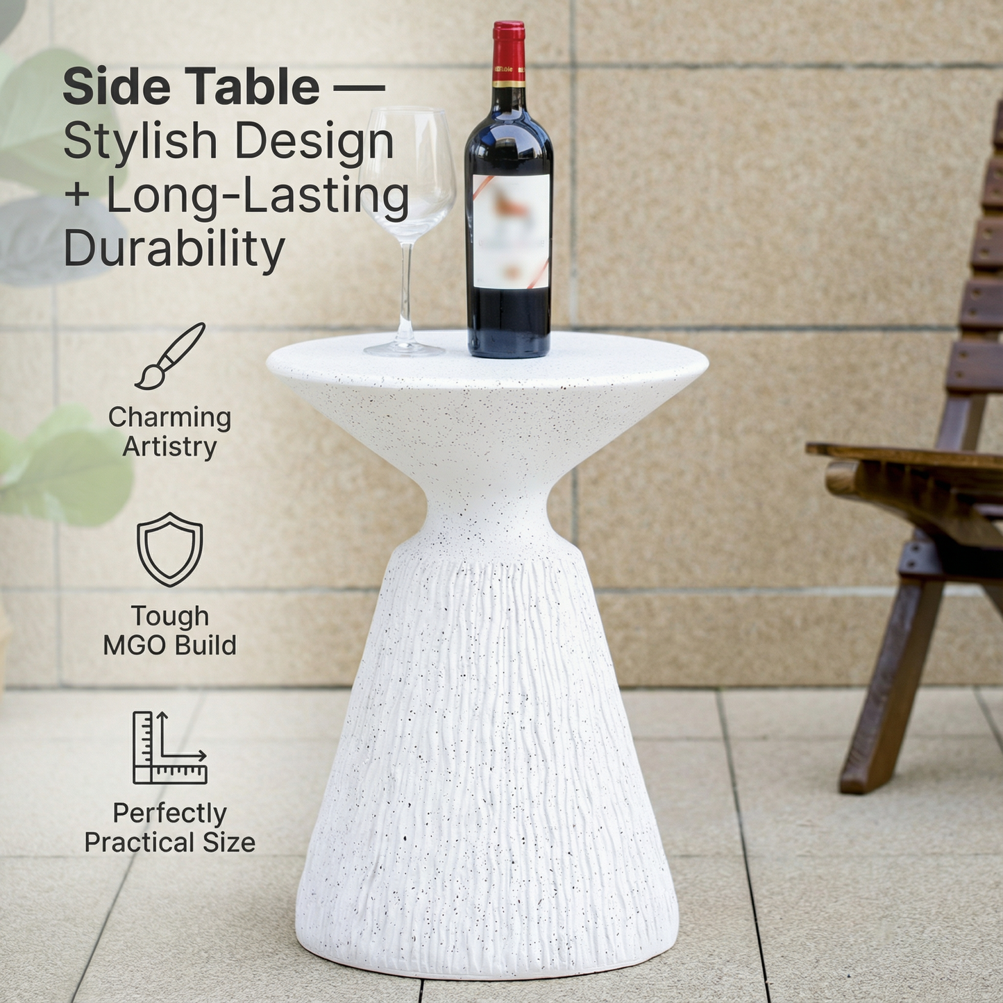 Outdoor White Marble Retro Speckled Textured All-Weather MGO Side Table – Indoor End Table for Home, Office, Living Room & Patio Decor