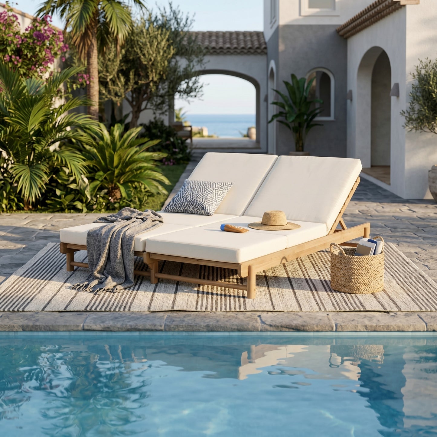 Light Teak Acacia Wood Double Chaise Lounger Set: 1 Frame + 2 Cream Cushions, 800 lbs Capacity, 3-Position Adjustable Backrest, 4" Thick 3-Fold Water-Resistant Cushions for Patio Poolside Backyard