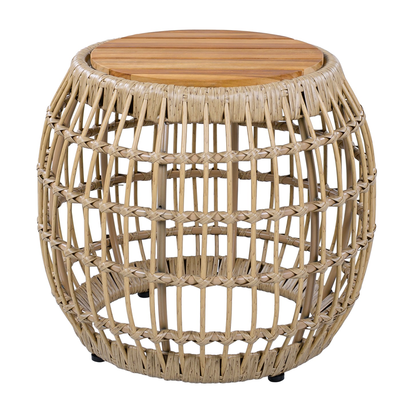 Acacia Wood Outdoor Side Table with Wicker Base - Light Brown, Round 16.15" Outdoor Accent for Patio, Garden, Balcony & Indoor Use
