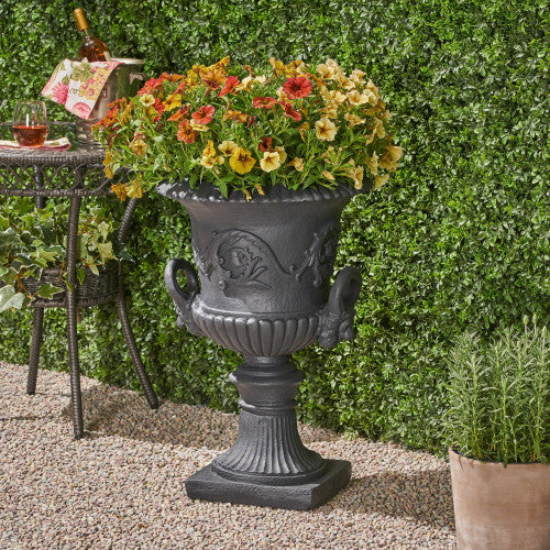 18.75 in. W x 28.25 in. H Concrete Garden Urn Planter in Black