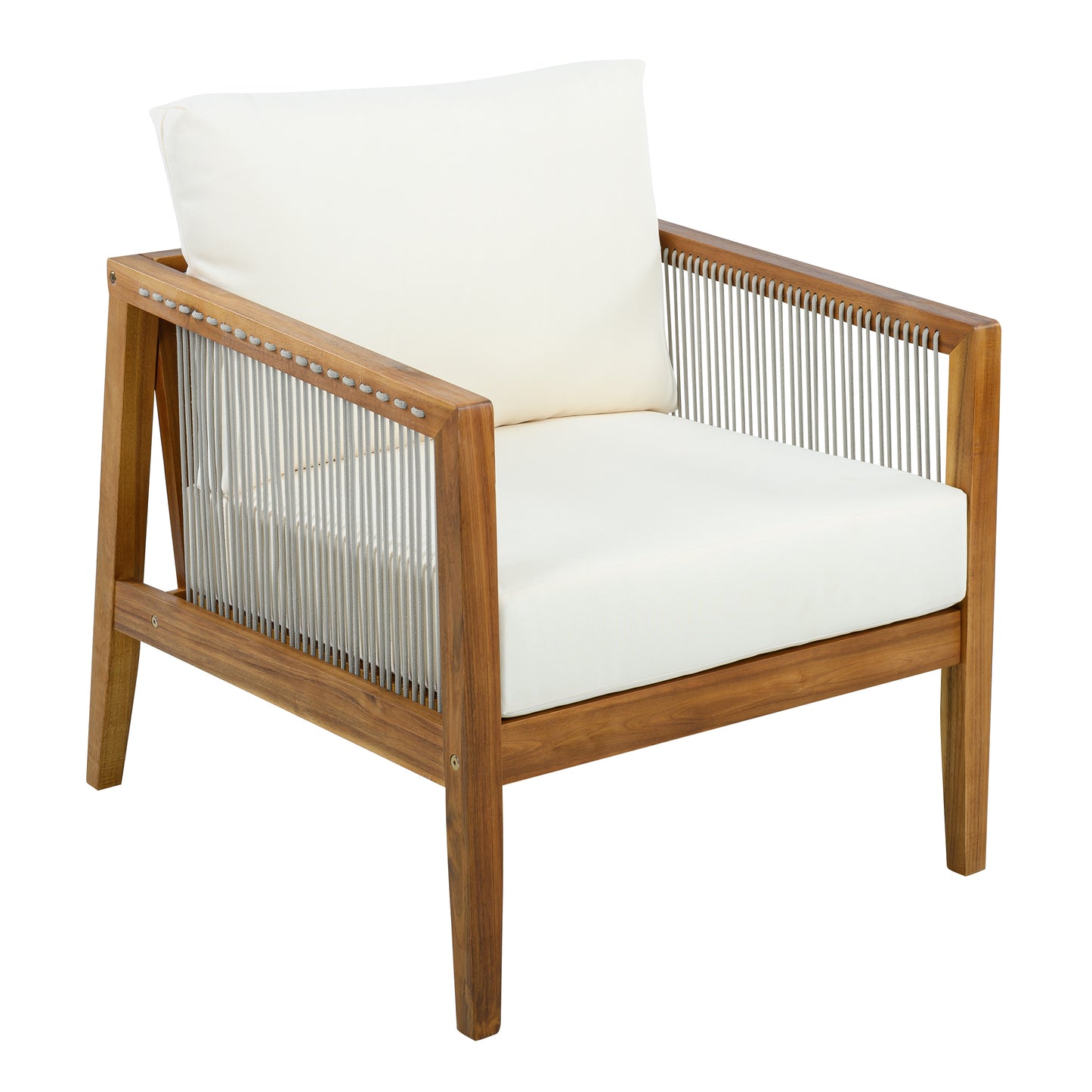Outdoor Club Chair (Set of 1), Acacia Wood Frame with Rope Back, Water-Repellent Beige Cushions for Patio/Backyard/Deck, Teak Finish
