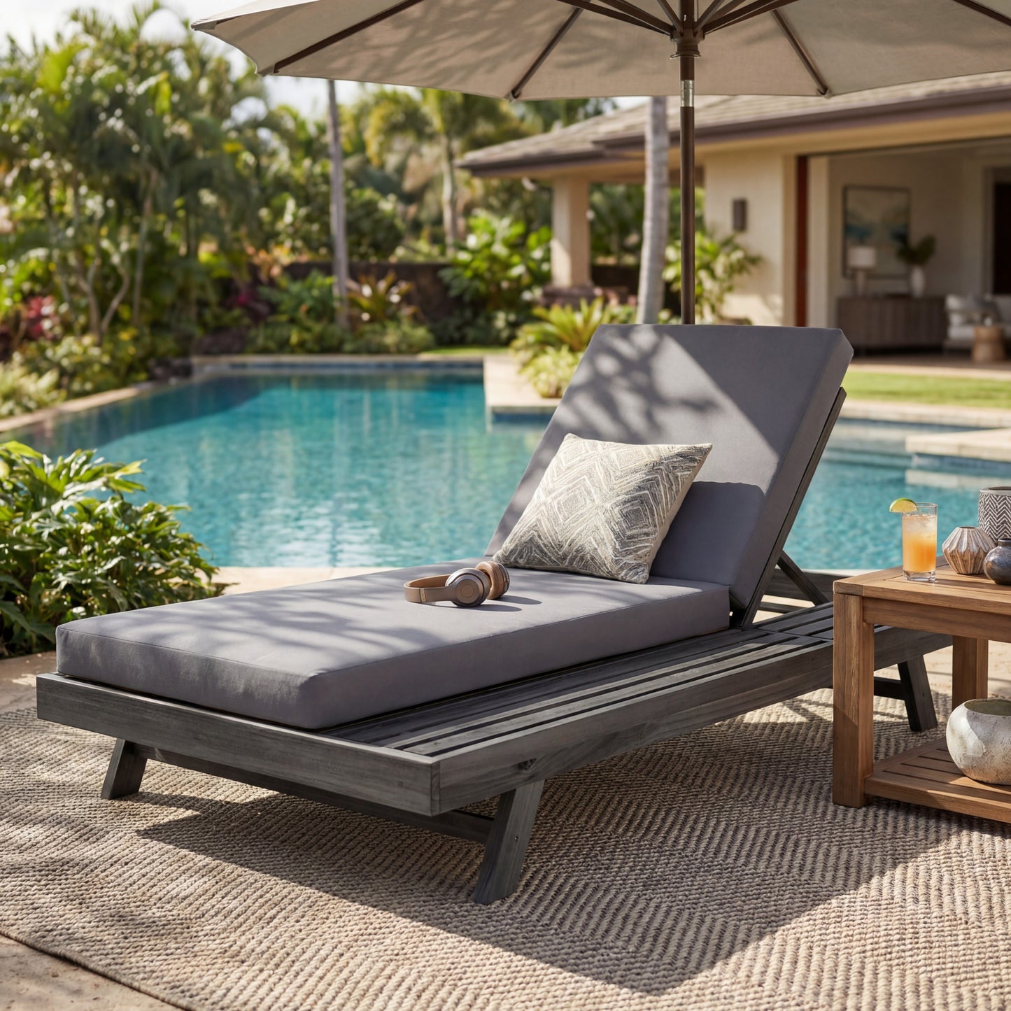 Lounge Chaise Set, Space Available On One Side, Acacia Wood In Black With Water-Resistant Lounge Cushions (Dark Grey & 4 Inch Thick) – Matching Cream Version Available