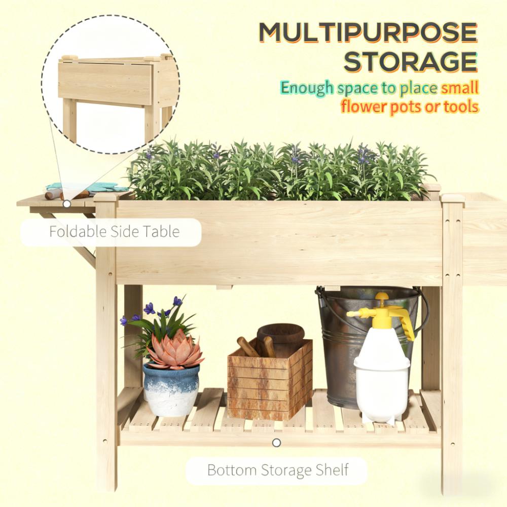 Elevated Garden Bed,Wood Raised Garden Box,with Side Table,Bottom Shelf,Bed Liners and Drainage Holes